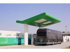 A hydrogen-powered bus stops to demonstrate refueling at the newly opened hydrogen fueling station, operated by Saudi Aramco, in the Air Products New Technology Center in Dhahran, Saudi Arabia, on Sunday, June 27, 2021. Saudi Aramco outlined plans to invest in blue hydrogen as the world shifts away from dirtier forms of energy, but said it will take at least until the end of this decade before a global market for the fuel is developed.