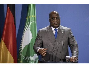 BERLIN, GERMANY - AUGUST 27: Felix Tshisekedi, President of the Democratic Republic of the Congo speaks at a press conference after the G20 Compact with Africa conference at the Chancellery in Berlin on August 27, 2021 in Berlin, Germany.