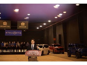 Justin Trudeau, Canada's prime minister, speaks at the Stellantis Automotive Research and Development Centre in Windsor, Ontario, Canada, on Monday, May 2, 2022. Stellantis NV will invest C$3.6 billion ($2.8 billion) to retool two Canadian assembly plants to build electric vehicles, more than doubling an earlier commitment made during union negotiations.