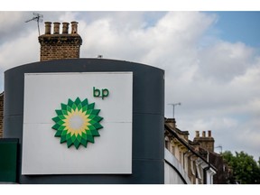 A BP Plc logo on a totem sign at a petrol station forecourt in London, UK, on Monday, Aug. 1, 2022. BP will report earnings tomorrow.