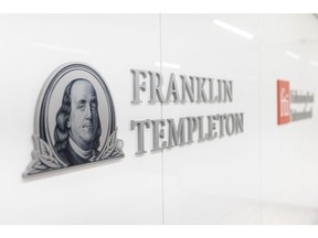 Signage at the Franklin Templeton Investments offices in New York, US, on Tuesday, July 12, 2022. With companies now taking longer to go public, CEO Jenny Johnson wants to bring more private investment opportunities to everyday customers. Photographer: Jeenah Moon/Bloomberg