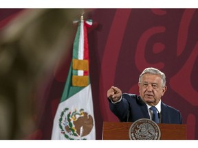 Andres Manuel Lopez Obrador, Mexico's president, takes a question during a news conference in Mexico City, Mexico, on Tuesday, Aug 16, 2022. President Lopez Obrador restated Monday that Mexico won't buy gasoline or diesel next year because the nation will become energy self-sufficient. Photographer: Alejandro Cegarra/Bloomberg