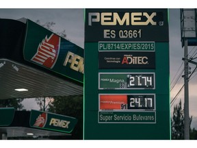 Fuel prices at a Petroleos Mexicanos (PEMEX) gas station in Naucalpan, Mexico State, Mexico, on Saturday, Aug. 13, 2022. Soaring prices of food and fuel across Latin America are hitting the poor the hardest, creating a political tinderbox that's a warning to the world.