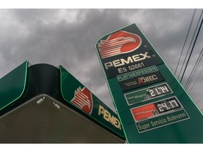 Fuel prices at a Petroleos Mexicanos (PEMEX) gas station in Naucalpan, Mexico State, Mexico, on Saturday, Aug. 13, 2022.  Photographer: Luis Antonio Rojas/Bloomberg
