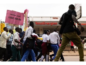 Ugandan students protest for the European Union retract their concerns over the East Africa Crude Oil Pipeline project in Kampala, Uganda.
