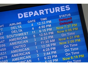 Delayed flights on a departure board after the Federal Aviation Administration (FAA) lifted a ground stop at Bill and Hillary Clinton National Airport (LIT) in Little Rock, Arkansas, US, on Wednesday, Jan. 11, 2023. Airlines began resuming flights after a system outage led US authorities to temporarily ground planes nationwide early Wednesday, a dramatic disruption to the air-traffic system expected to cause ongoing delays and cancellations.