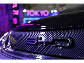 A BYD Co. badge on the front grille of a Dolphin compact electric vehicle on display at the Tokyo Auto Salon in Chiba, Japan, on Friday, Jan. 13, 2023. The annual event at Makuhari Messe convention center runs through Jan. 15. Photographer: Kiyoshi Ota/Bloomberg