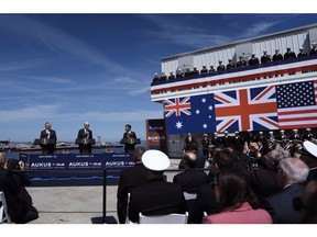 US President Joe Biden, center, unveiled the next phase of Aukus at Naval Base Point Loma with Anthony Albanese, Australia's prime minister, and Rishi Sunak, UK prime minister, right, in San Diego on March 13, 2023.