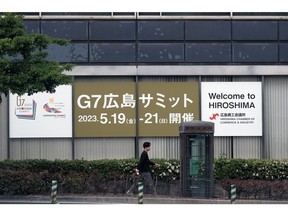A banner for the Group of Seven (G-7) summit in Hiroshima, Japan, on Wednesday, May 3, 2023. Japan is scheduled to host a summit of the Group of Seven nations in Hiroshima from May 19-21. Photographer: Soichiro Koriyama/Bloomberg