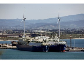 The Maran Gas Kalymnos liquefied natural gas (LNG) vessel, left, docked next to the Golar Tundra floating storage liquefied natural gas (LNG) regasification terminal vessel in the port of Piombino, Italy, on Friday, May 5, 2023. The gap between summer and winter prices of natural gas in Europe is widening, a sign of the persistent market fragility that could result in another crunch later this year. Photographer: Alessia Pierdomenico/Bloomberg