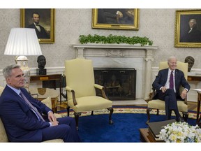 US President Joe Biden during a meeting with US House Speaker Kevin McCarthy, a Republican from California, left, in the Oval Office of the White House in Washington, DC, US, on Tuesday, May 9, 2023. Photographer: Bonnie Cash/UPI/Bloomberg