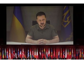 Volodymyr Zelenskyy addresses, via video link, the opening ceremony of the Council of Europe summit in Reykjavik, Iceland, on May 16.