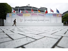 The flag of the Group of Seven (counties and the European Union (EU) outside the media center for the G-7 leaders' summit in Hiroshima, Japan, on Friday, May 19, 2023.