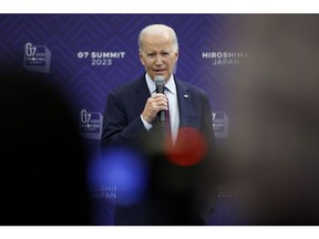 US President Joe Biden speaks during a news conference following the Group of Seven (G-7) leaders summit in Hiroshima, Japan, on Sunday, May 21, 2023. Biden called Republican demands for sharp spending cuts unacceptable and said he'll talk with House Speaker Kevin McCarthy about debt-ceiling and budget negotiations on his flight back from Japan.