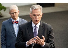 US House Speaker Kevin McCarthy, a Republican from California, right, speaks to members of the media alongside Representative Patrick McHenry, a Republican from North Carolina, after a meeting with US President Joe Biden at the White House in Washington on Monday, May 22, 2023.