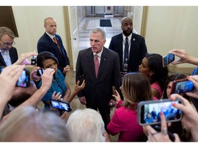 WASHINGTON, DC - MAY 25: U.S. Speaker of the House Kevin McCarthy (R-CA) speaks to reporters as he arrives at the U.S. Capitol on May 25, 2023 in Washington, DC. McCarthy spoke on the ongoing debt limit negotiations.