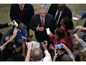 WASHINGTON, DC - MAY 25: U.S. Speaker of the House Rep. Kevin McCarthy (R-CA) speaks to members of the press as he arrives at the U.S. Capitol on May 25, 2023 in Washington, DC. The Republicans and the Biden Administration continues negotiations as the debt ceiling deadline approaches.