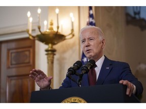 WASHINGTON, DC - MAY 24: U.S. President Joe Biden delivers remarks on the one-year anniversary of the mass shooting in Uvalde, Texas at the Grand Staircase of the White House on May 24, 2023 in Washington, DC. 19 children and two teachers were killed when a gunman entered Robb Elementary School in Uvalde, Texas, opening fire on students and faculty. Biden also spoke briefly about the ongoing debt ceiling negotiations.