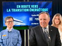 Quebec Premier Francois Legault, centre, responds to reporters questions after his government and the federal government announced major investments in EV car battery making components on May 29 in Becancour Que. Legault is flanked by Chi Gyu Cha, president of Posco Future M Canada/Ultium CAM, left, and Marissa West, president of GM Canada.