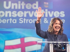 Danielle Smith celebrates the UCP’s win and her re-election as premier in the 2023 Alberta election in Calgary.