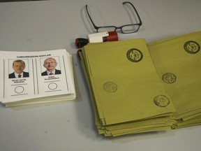 A ballot with the names and images of two presidential candidates, Recep Tayyip Erdogan, left, and Kemal Kilicdaroglu, at a polling station, in Ankara, Turkey, Sunday, May 28, 2023. Voters in Turkey returned to the polls Sunday to decide whether the country's longtime leader, Erdogan, stretches his increasingly authoritarian rule into a third decade or is unseated by a challenger who has promised to restore a more democratic society.