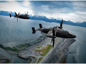 A pair of Transcend militarized Vy variants depicted on a training flight over Homer, Alaska