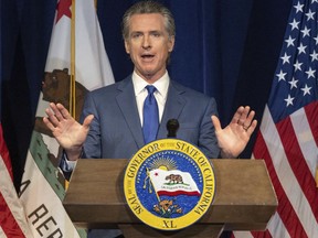 FILE - California Gov. Gavin Newsom speaks during a news conference on Friday, May 12, 2023, in Sacramento, California. On Thursday, May 25, 2023, Newsom will update his plan to move the state away from fossil fuels.
