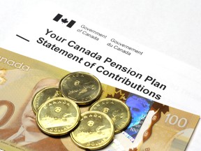 A Canada Pension Plan Statement of Contributions with a 100 dollar banknote and dollar coins
