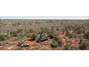 Drilling at the Heckmair Prospect in April 2023, showing the flat topography in open sand covered plains