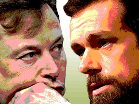 Elon Musk, left, and Jack Dorsey, right. Dorsey's Bluesky is emerging as an alternative to Twitter.
