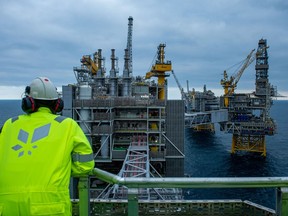 The Equinor ASA offshore oil drilling platform on Johan Sverdrup oil field in the North Sea, Norway.