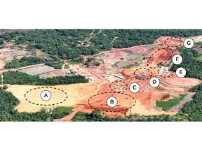 April 2023 aerial view of the Tucumã Project, including (A) administrative offices, laboratories, fuel station, and equipment maintenance area, (B) flotation and filtration, (C) ball mill, (D) crushed ore stockpile, (E) main substation, (F) secondary and tertiary crushers, and (G) primary crusher.