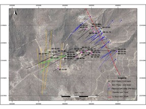 Location of drill hole collars and traces from the 2021 and 2022 diamond drilling and main silver vein trends, overlain on a satellite image, Santo Domingo Silver Project (Stroud Resources, 2021).