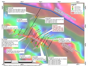 Map of the Joutel Eagle South Gold Zone Showing New Results and Completed Drilling.  All drilling intervals are down-hole lengths. True thicknesses cannot be estimated with available information. Information on adjacent properties is not necessarily indicative of the potential on Orford's Joutel Eagle Property.