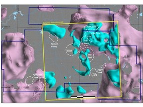Plan-view of the Star Project mineral tenure with magnetic 3D modelled isosurfaces and predefined target areas shown. The pink isosurfaces are the resultant coarse 3D inversion, and the teal isosurfaces show the results of a more detailed modelled 3D inversion. Note anomalous magnetic features that were revealed with the detailed inversion.