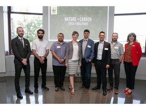 Group photo of the Nature x Carbon Tech Challenge award recipients, Omid Reisi Gahrouei and Ny Tolotr Razafimbelo from Laval University, Agata Rudd and Sean Rudd from Korotu Technology and Garrett Whitworth and Darcy LeBourdais from Innovatree Carbon Group, with Megan Leslie WWF-Canada's President & CEO and James Snider, WWF-Canada's Vice President of Science, Knowledge and Innovation. (c) Matt Stewart / WWF-Canada.