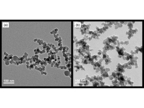 Image 1) TEM images of fumed silica nanoparticles, (a) HPQ Silica Polvere, (b) commercially available material