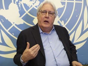 U.N. humanitarian aid coordinator Martin Griffiths speaks in Geneva, Switzerland, Thursday, May 18, 2023. A top U.N. official said Thursday he hopes efforts to ensure that Russian food and fertilizer can be shipped through the Black Sea will come to fruition in coming days, Martin Griffiths, the head of the U.N. humanitarian aid coordination agency and a top envoy of Secretary-General Antonio Guterres in working to get foodstuffs and fertilizer from Russia and Ukraine through the Black Sea despite their war, said his boss recently met with insurance titan Lloyds to help iron out shipments of Russian products through the Black Sea.