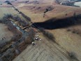 This photo, taken with a drone, showed cleanup in the area where the ruptured Keystone pipeline dumped oil into a creek in Washington County, Kan., Dec. 9, 2022.