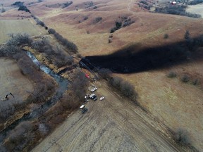 This photo, taken with a drone, showed cleanup in the area where the ruptured Keystone pipeline dumped oil into a creek in Washington County, Kan., Dec. 9, 2022.