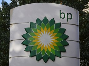 FILE - A logo of BP at a gas station in London, on Nov. 1, 2022. British energy giant BP posted strong quarterly profit numbers on Tuesday May 2, 2023. even as energy prices that soared after Russia's war in Ukraine last year have eased off. London-based BP said it earned $5 billion in underlying replacement cost profit, up from $4.8 billion in the previous quarter.