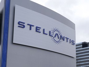 FILE - A Stellantis sign is seen outside the Chrysler Technology Center, Jan. 19, 2021, in Auburn Hills, Mich. Stellantis has warned of a potential existential threat to large parts of the British car industry unless the government moves to alter the terms of its Brexit trade deal with the European Union. In a submission to a parliamentary inquiry into the supply of batteries for electric vehicles released Wednesday, May 17, 2023, the parent company of Citroen, Fiat, Peugeot and Vauxhall said it may not be able to keep its commitment to manufacture its new fleet of cars in the U.K. without changes to the terms of the deal.