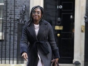 FILE - Kemi Badenoch, Britain's Secretary of State for International Trade and President of the Board of Trade, Minister for Women and Equalities leaves after attending a cabinet meeting in Downing Street in London, on Jan. 17, 2023. The U.K. government on Wednesday May 10, 2023 scrapped plan to remove all remaining EU laws, some 4,000 in all, from British statute books by the end of this year -- a post-Brexit goal that critics said was rash and unachievable. Badenoch said in a written statement that the government would instead draw up a list of about 600 specific laws that would be revoked.