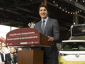 Prime Minister Justin Trudeau makes a Volkswagen electric battery plant announcement at the Elgin County Railway Museum in St. Thomas, Ont.
