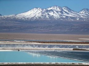 A brine pool of a lithium mine on the Atacama salt flat in the Atacama desert, Chile.