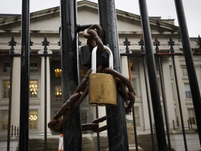 A lock on a gate on the exterior of the U.S. Department of Treasury building as they joined other government financial institutions to bail out Silicon Valley Bank's account holders after it collapsed on March 13, 2023 in Washington, DC.