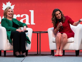 Former U.S. Secretary of State Hillary Clinton and Finance Minister Chrystia Freeland during the Liberal Convention in Ottawa.