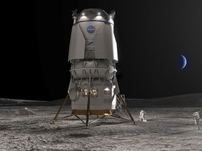 This image provided by Blue Origin shows the Blue Moon lander. Jeff Bezos' Blue Origin received a $3.4 billion contract Friday, May 19, 2023, to develop a lunar lander named Blue Moon. It will be used to transport astronauts to the lunar surface as early as 2029. (Blue Origin via AP)