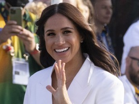 FILE - Meghan Markle, Duchess of Sussex, arrives at the Invictus Games venue in The Hague, Netherlands, Friday, April 15, 2022. Meghan will be in New York Tuesday, May 16, 2023, along with Black Voters Matter co-founder LaTosha Brown, to receive the Ms. Foundation's Women of Vision Award, as the nation's oldest women's foundation marks its 50th anniversary.