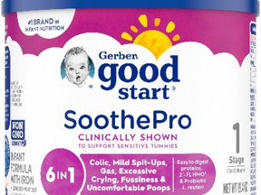 This photo released by the U.S Food and Drug Administration on March 17, 2023, shows Gerber Good Start SootheProTM Powdered Infant Formula. In March, the Perrigo Company issued a voluntary recall of certain lots of the infant formula "out of an abundance of caution" due to the possible presence of Cronobacter sakazakii, a germ that can cause serious or deadly infections in infants. The infant formula recalled over potential bacteria contamination was distributed to retailers across eight states even after the recall begun, according to a release published by the U.S. Food and Drug Administration on May 14, 2023. (U.S Food and Drug Administration via AP)